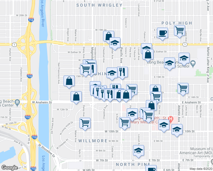 map of restaurants, bars, coffee shops, grocery stores, and more near 1415 Cedar Avenue in Long Beach
