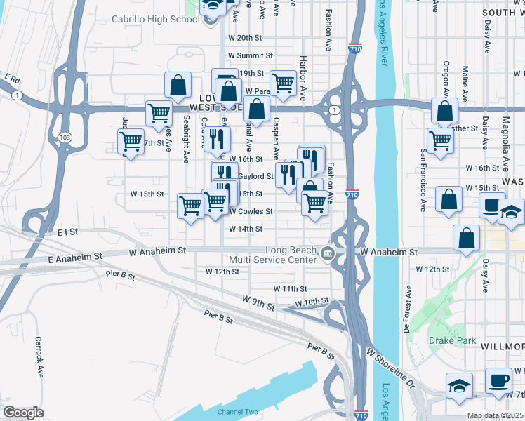 map of restaurants, bars, coffee shops, grocery stores, and more near 1550 West Cowles Street in Long Beach
