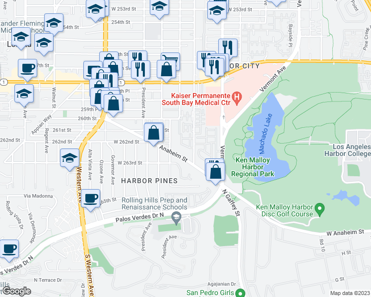 map of restaurants, bars, coffee shops, grocery stores, and more near 26141 Frampton Avenue in Los Angeles