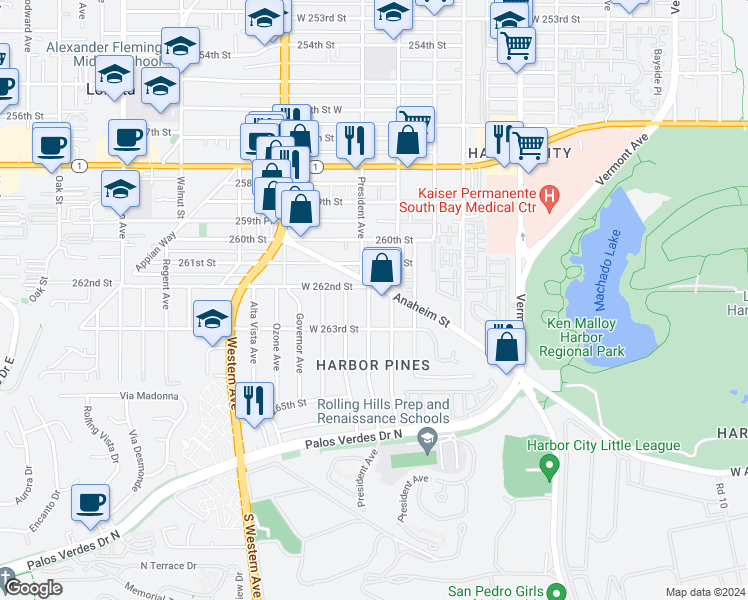 map of restaurants, bars, coffee shops, grocery stores, and more near 26215 Senator Avenue in Los Angeles