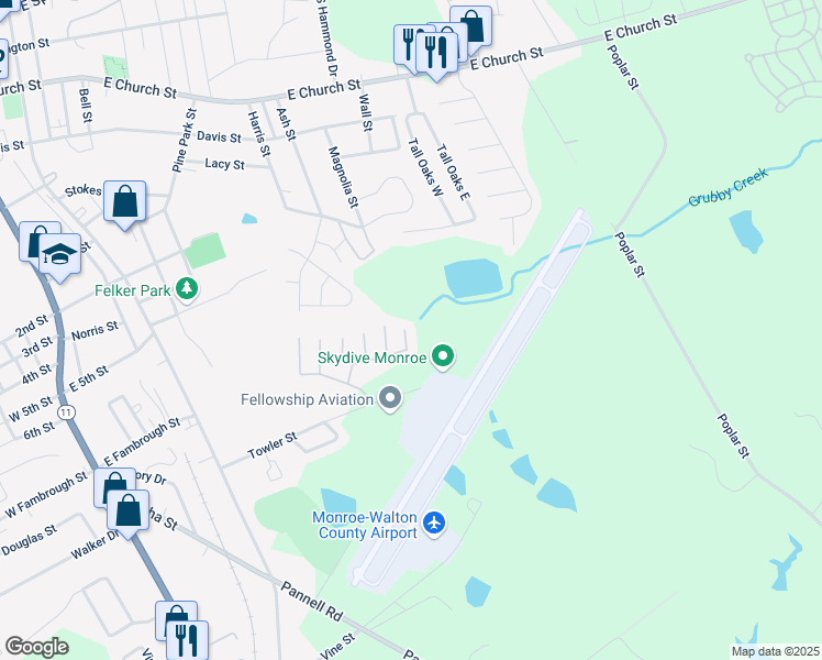map of restaurants, bars, coffee shops, grocery stores, and more near 1043 Wheel House Lane in Monroe