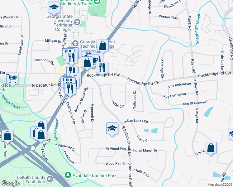 map of restaurants, bars, coffee shops, grocery stores, and more near 3922 Safari Court in Stone Mountain