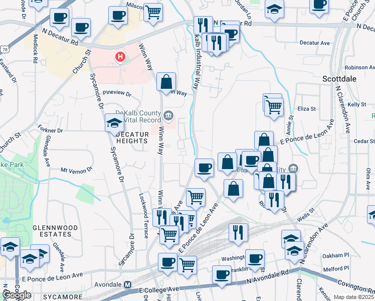 map of restaurants, bars, coffee shops, grocery stores, and more near 712 Alden Drive in Decatur