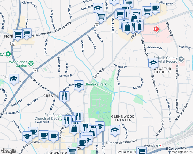map of restaurants, bars, coffee shops, grocery stores, and more near 1179 Church Street in Decatur