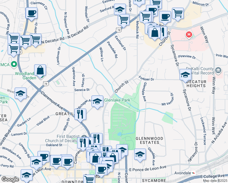 map of restaurants, bars, coffee shops, grocery stores, and more near 216 Lucerne Street in Decatur