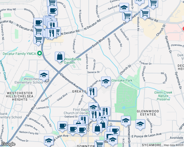 map of restaurants, bars, coffee shops, grocery stores, and more near 155 Superior Avenue in Decatur