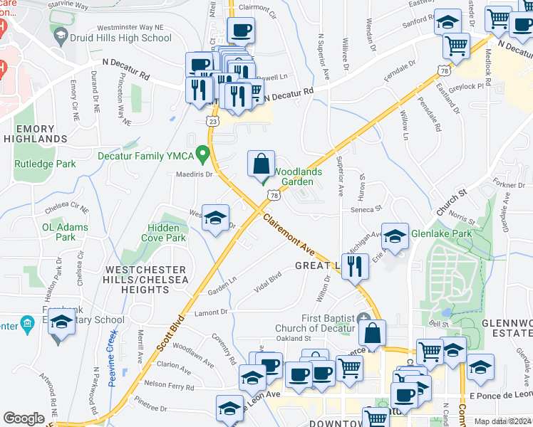 map of restaurants, bars, coffee shops, grocery stores, and more near 737 Georgia 155 South in Decatur