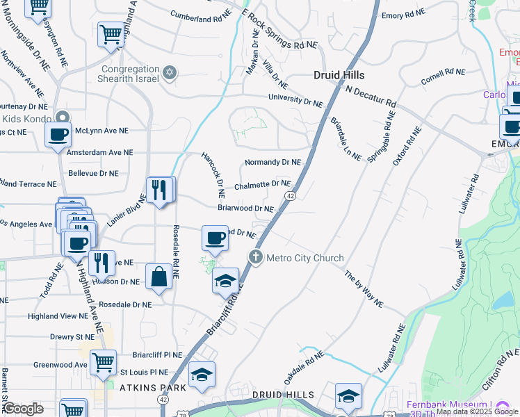 map of restaurants, bars, coffee shops, grocery stores, and more near 1335 Briarwood Drive Northeast in Atlanta