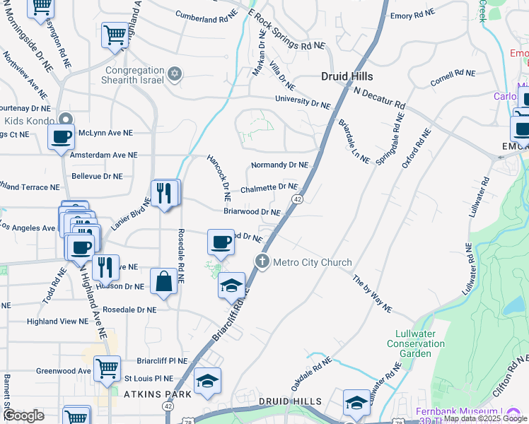 map of restaurants, bars, coffee shops, grocery stores, and more near 1335 Briarwood Drive Northeast in Atlanta