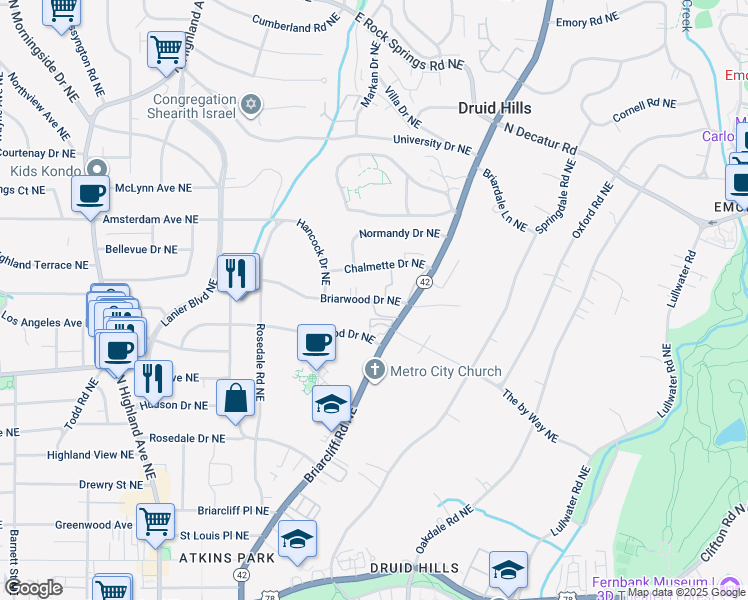 map of restaurants, bars, coffee shops, grocery stores, and more near 1335 Briarwood Drive Northeast in Atlanta
