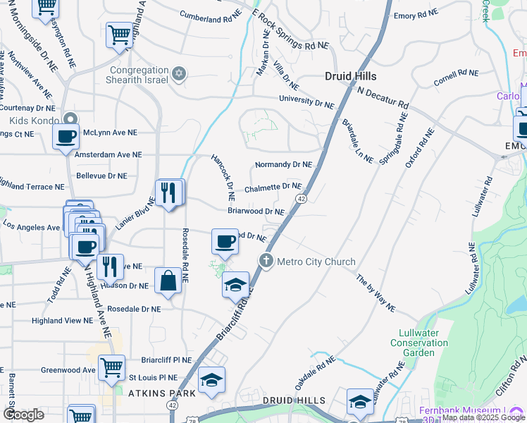map of restaurants, bars, coffee shops, grocery stores, and more near 1335 Briarwood Drive Northeast in Atlanta