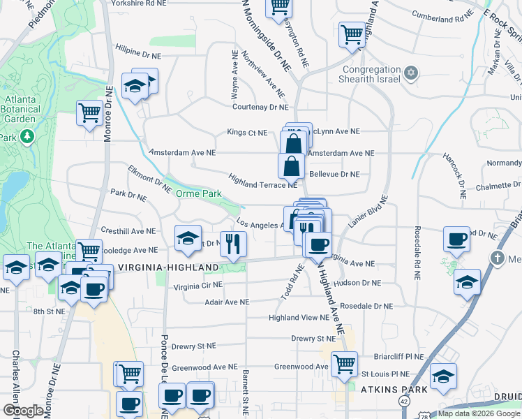 map of restaurants, bars, coffee shops, grocery stores, and more near 903 Glen Arden Way Northeast in Atlanta