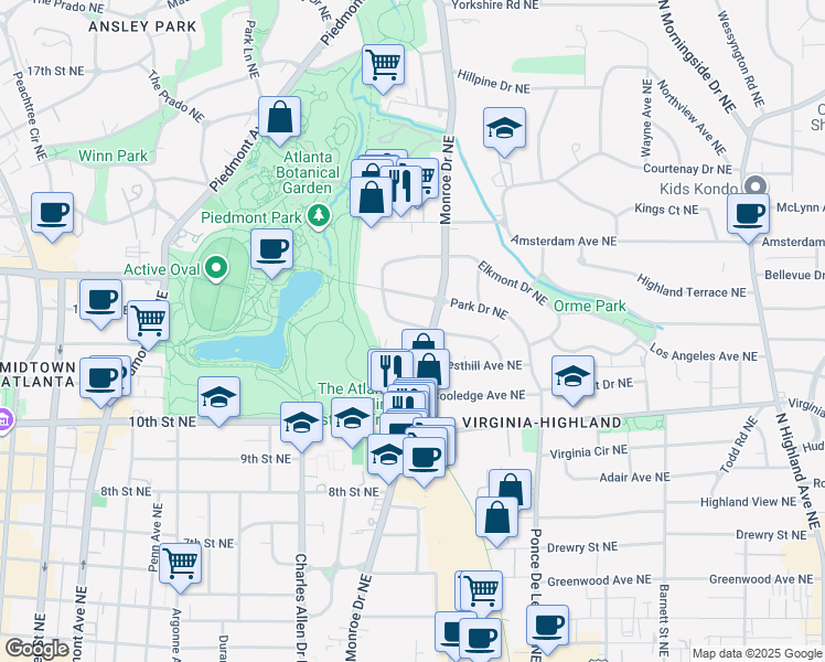 map of restaurants, bars, coffee shops, grocery stores, and more near 579 Elmwood Drive Northeast in Atlanta