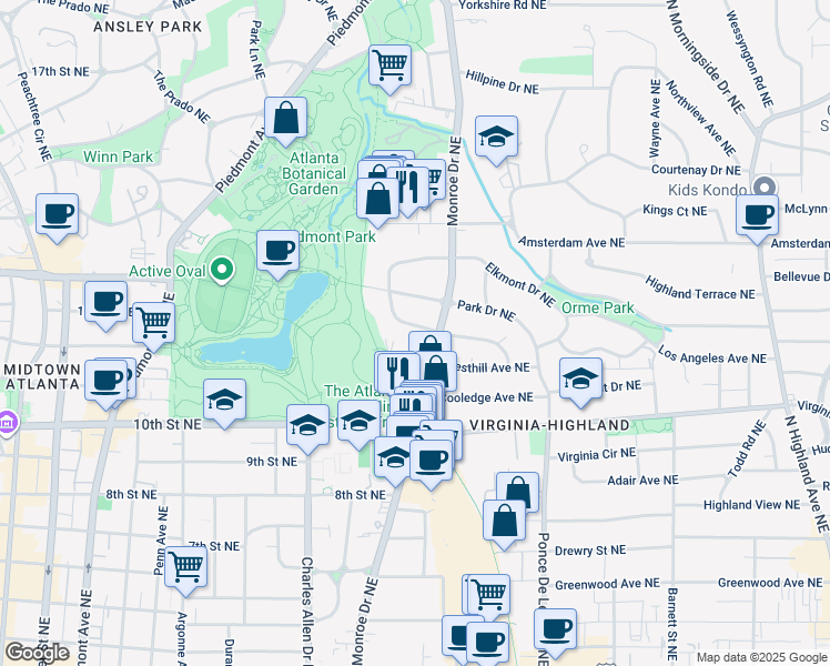 map of restaurants, bars, coffee shops, grocery stores, and more near 566 Cresthill Avenue Northeast in Atlanta