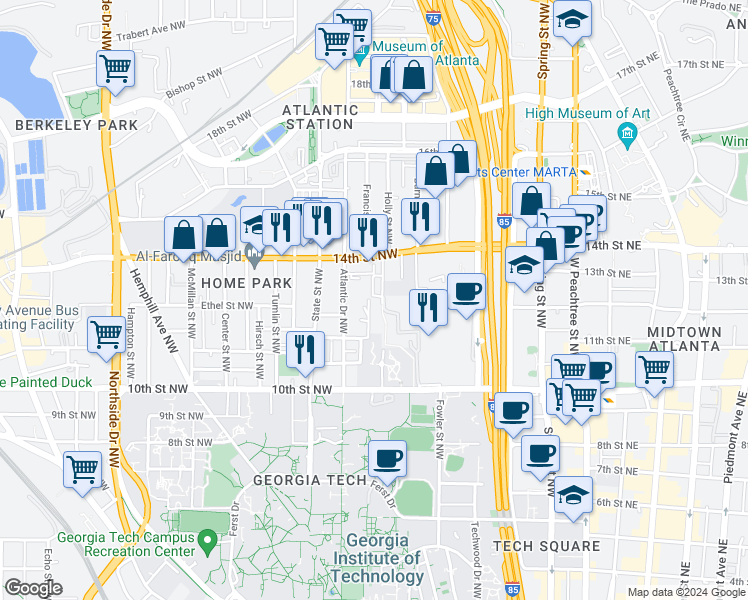 map of restaurants, bars, coffee shops, grocery stores, and more near 1100 Holly Street Northwest in Atlanta