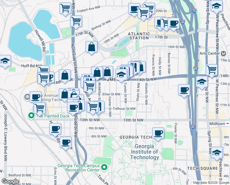map of restaurants, bars, coffee shops, grocery stores, and more near 454 Ethel Street Northwest in Atlanta