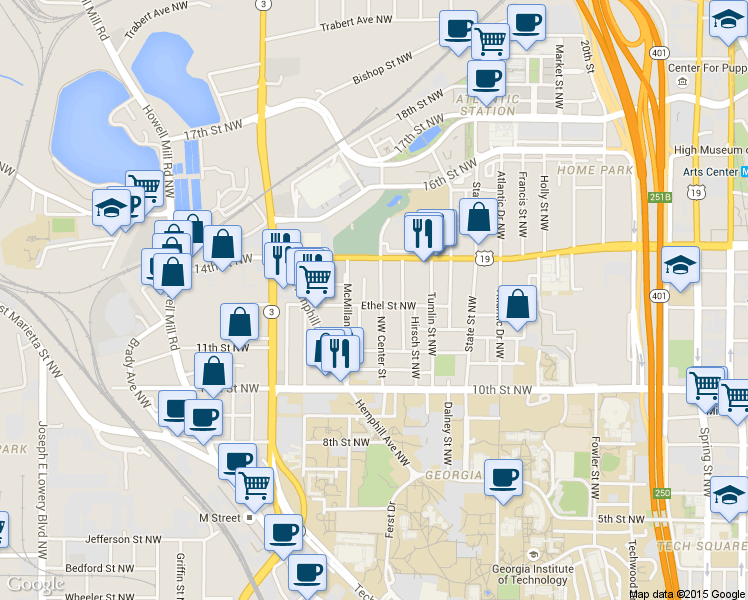 map of restaurants, bars, coffee shops, grocery stores, and more near 494 Ethel Street Northwest in Atlanta