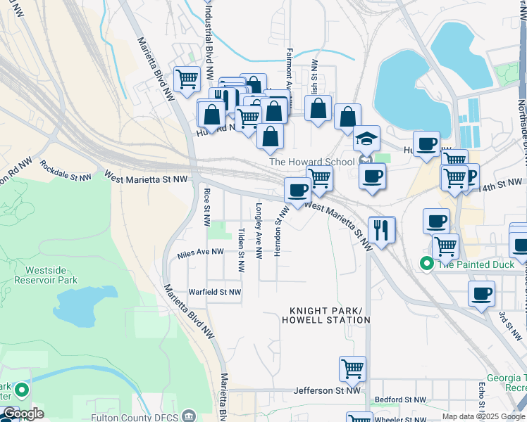 map of restaurants, bars, coffee shops, grocery stores, and more near 1087 Longley Avenue Northwest in Atlanta