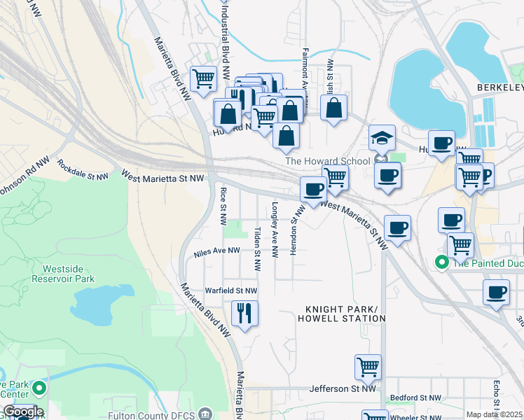 map of restaurants, bars, coffee shops, grocery stores, and more near 1143 Church Street Northwest in Atlanta