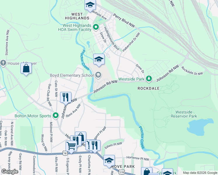 map of restaurants, bars, coffee shops, grocery stores, and more near 1056 Johnson Grove in Atlanta