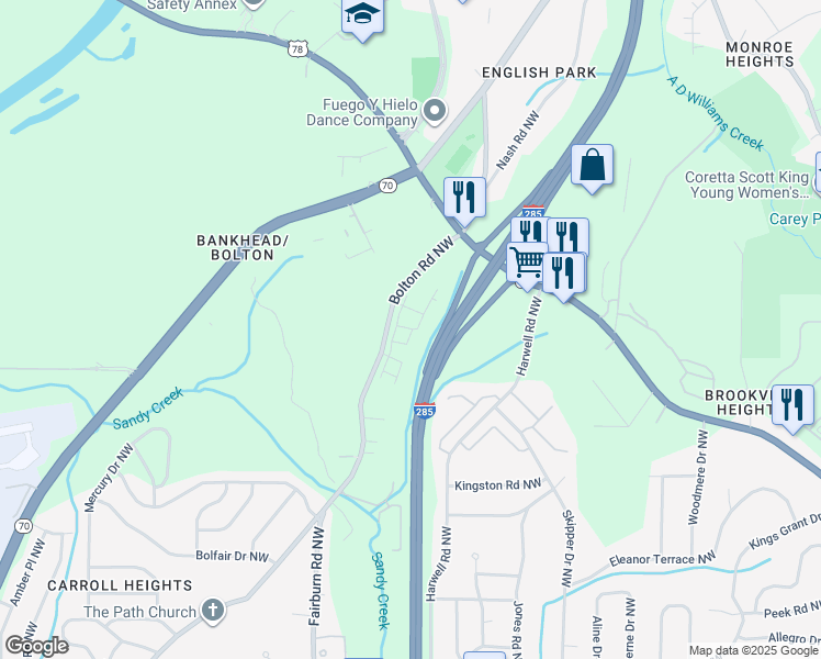 map of restaurants, bars, coffee shops, grocery stores, and more near 1051 Bolton Road Northwest in Atlanta