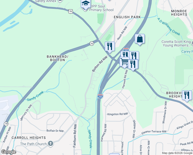 map of restaurants, bars, coffee shops, grocery stores, and more near 1051 Bolton Road Northwest in Atlanta