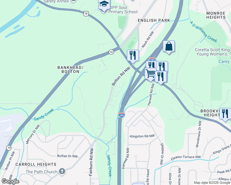 map of restaurants, bars, coffee shops, grocery stores, and more near 1051 Bolton Road Northwest in Atlanta