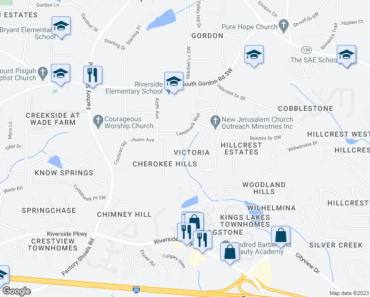 map of restaurants, bars, coffee shops, grocery stores, and more near 6943 Fairway Trail in Austell