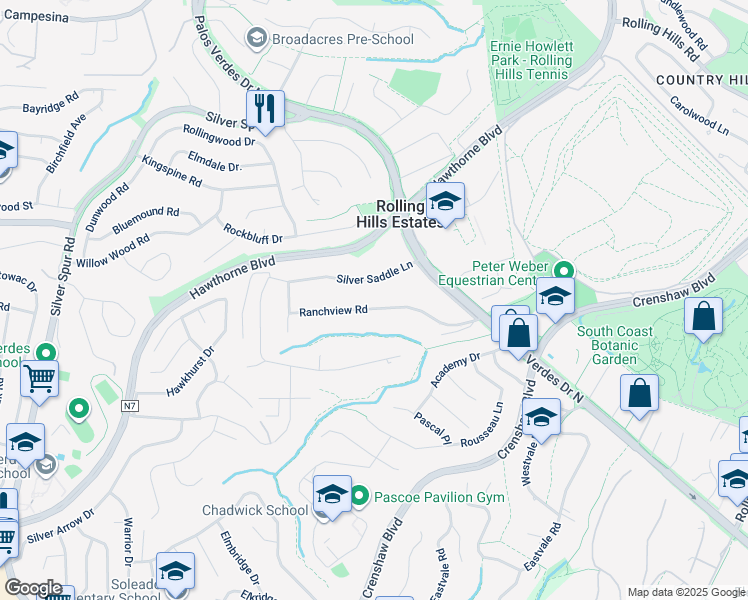 map of restaurants, bars, coffee shops, grocery stores, and more near 37 Ranchview Road in Rolling Hills Estates
