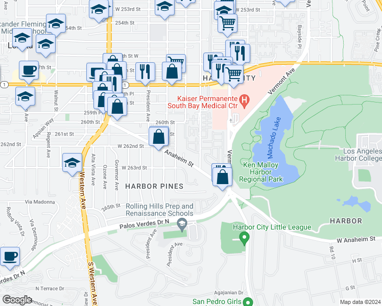 map of restaurants, bars, coffee shops, grocery stores, and more near 26135 Frampton Avenue in Los Angeles