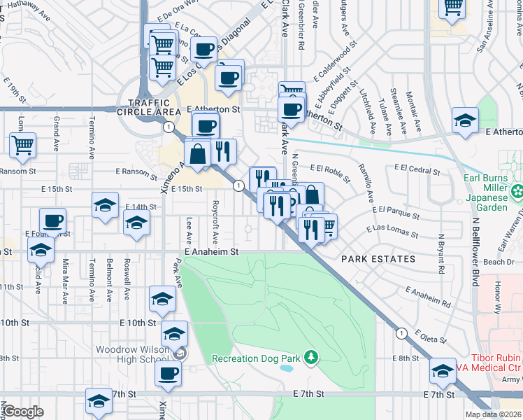 map of restaurants, bars, coffee shops, grocery stores, and more near 5001 East 14th Street in Long Beach