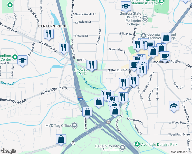 map of restaurants, bars, coffee shops, grocery stores, and more near 3681 Decatur Avenue in Scottdale