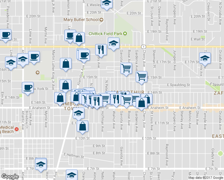 map of restaurants, bars, coffee shops, grocery stores, and more near 1411 Walnut Avenue in Long Beach