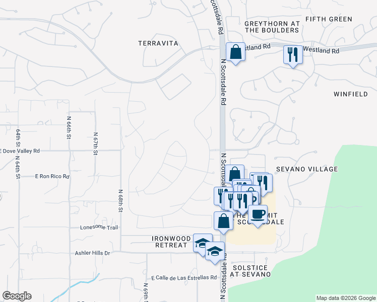 map of restaurants, bars, coffee shops, grocery stores, and more near 32931 North 70th Street in Scottsdale
