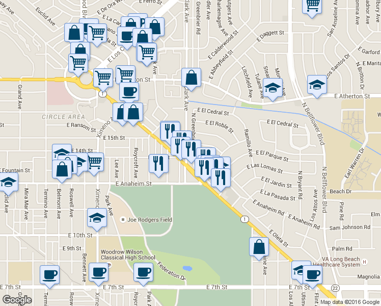 map of restaurants, bars, coffee shops, grocery stores, and more near 1401 North Greenbrier Road in Long Beach