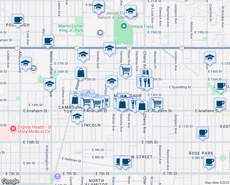 map of restaurants, bars, coffee shops, grocery stores, and more near 1408 Walnut Avenue in Long Beach