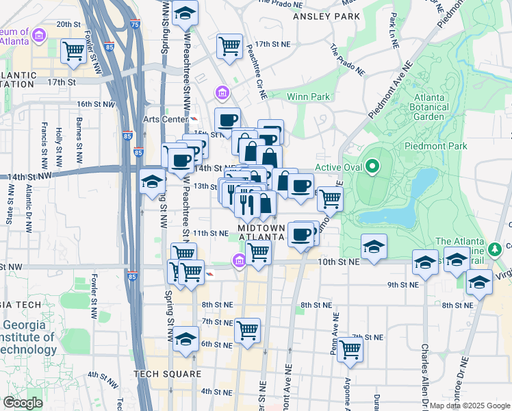 map of restaurants, bars, coffee shops, grocery stores, and more near 1100 Peachtree Street Northeast in Atlanta