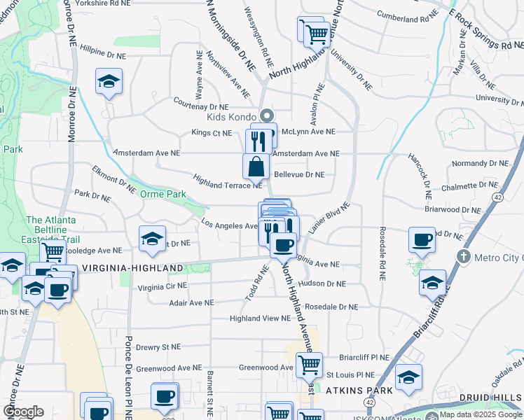 map of restaurants, bars, coffee shops, grocery stores, and more near 969 Glen Arden Way Northeast in Atlanta