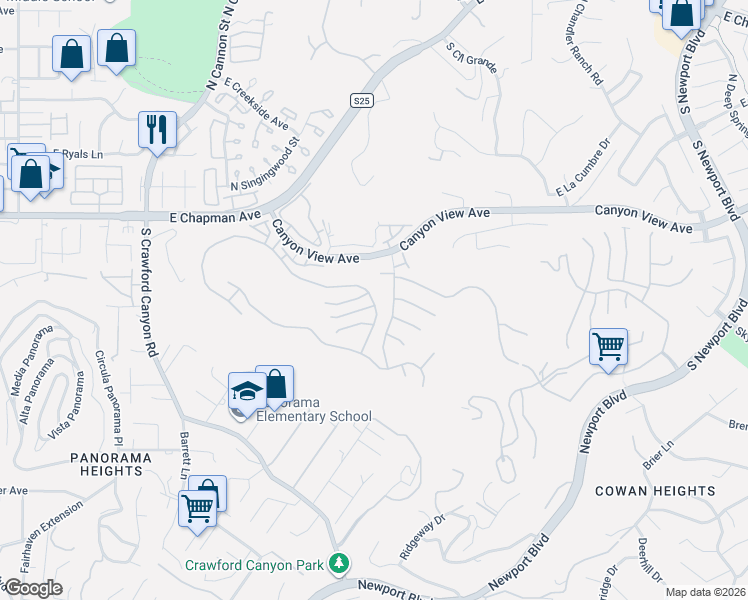map of restaurants, bars, coffee shops, grocery stores, and more near 6307 East Rocking Horse Way in Orange