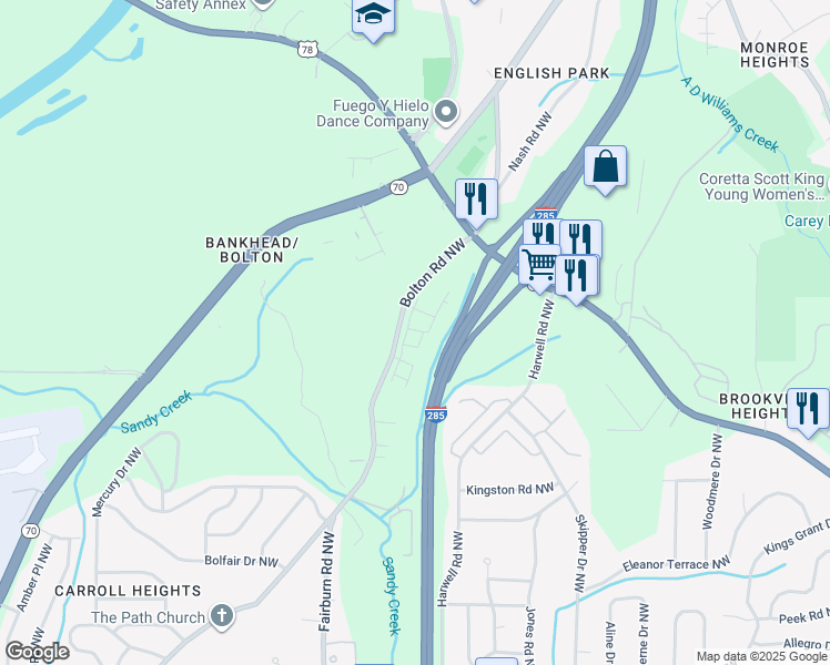 map of restaurants, bars, coffee shops, grocery stores, and more near 1051 Bolton Road Northwest in Atlanta