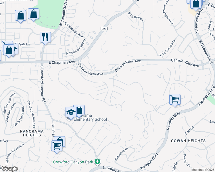 map of restaurants, bars, coffee shops, grocery stores, and more near 6311 East Rocking Horse Way in Orange