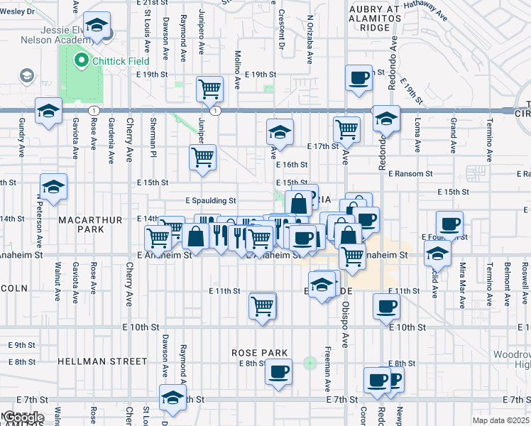 map of restaurants, bars, coffee shops, grocery stores, and more near 2743 East 14th Street in Long Beach