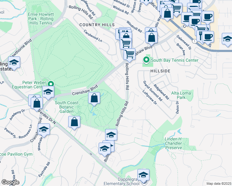 map of restaurants, bars, coffee shops, grocery stores, and more near 3603 West Hidden Lane in Palos Verdes Peninsula