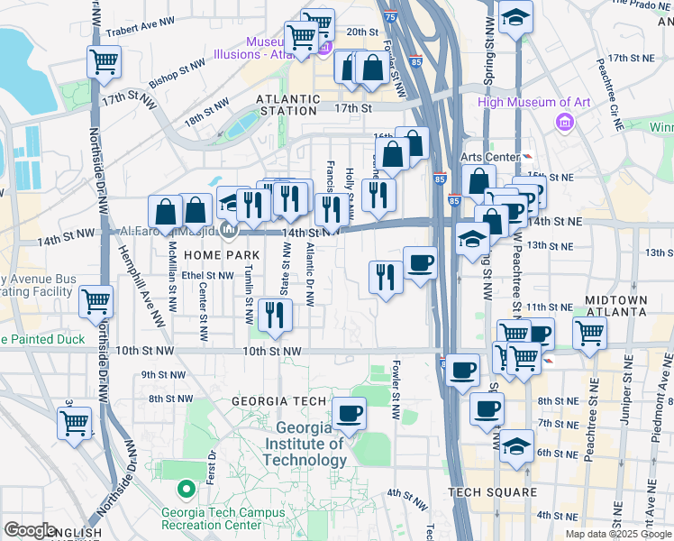 map of restaurants, bars, coffee shops, grocery stores, and more near 1100 Holly Street Northwest in Atlanta