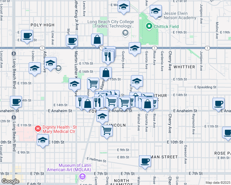 map of restaurants, bars, coffee shops, grocery stores, and more near 1411 North Warren Avenue in Long Beach