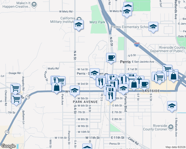 map of restaurants, bars, coffee shops, grocery stores, and more near 268 West 2nd Street in Perris
