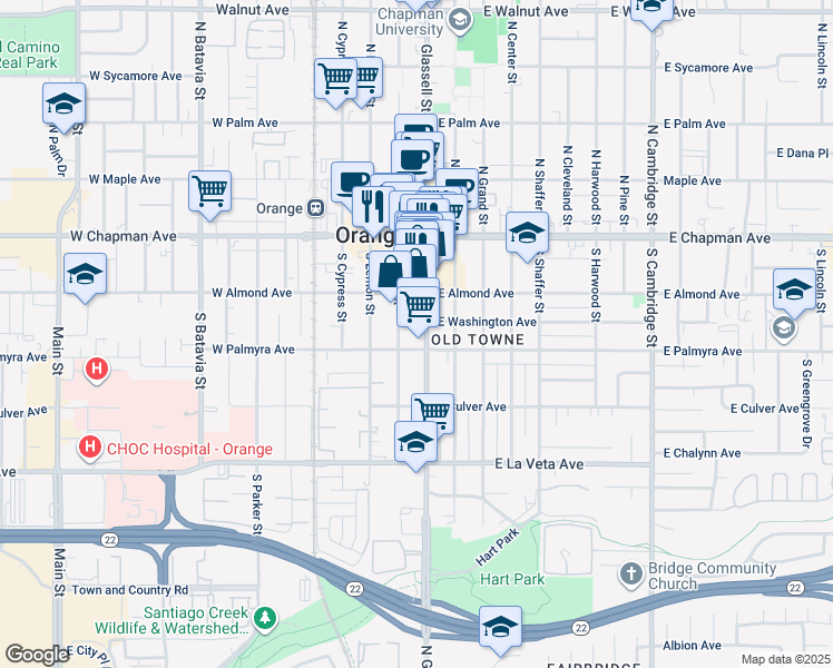 map of restaurants, bars, coffee shops, grocery stores, and more near 119 West Palmyra Avenue in Orange
