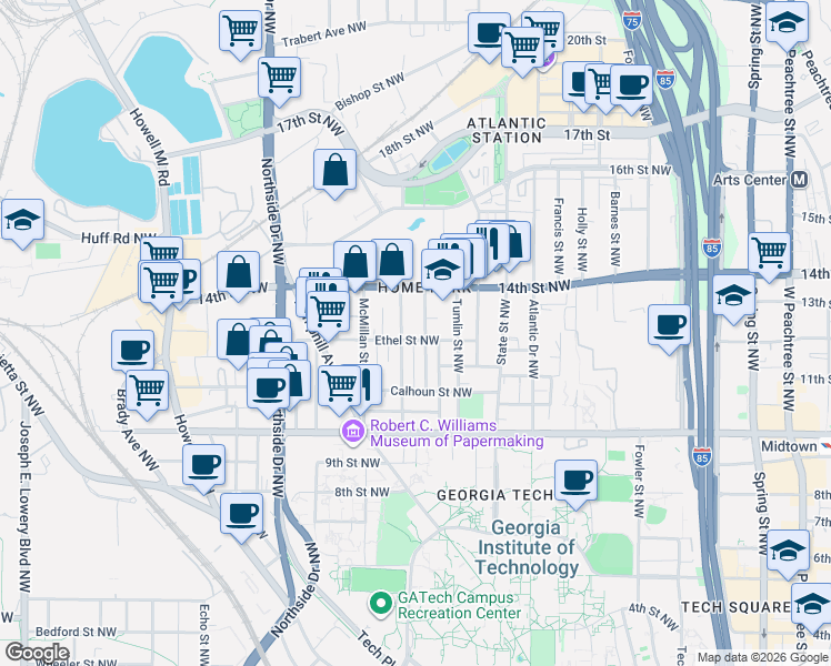 map of restaurants, bars, coffee shops, grocery stores, and more near 454 Ethel Street Northwest in Atlanta