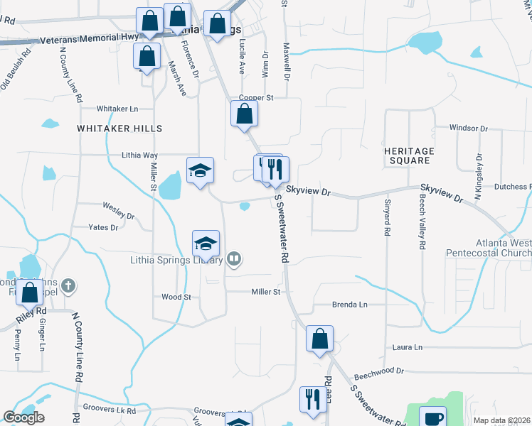 map of restaurants, bars, coffee shops, grocery stores, and more near 6989 South Sweetwater Road in Lithia Springs