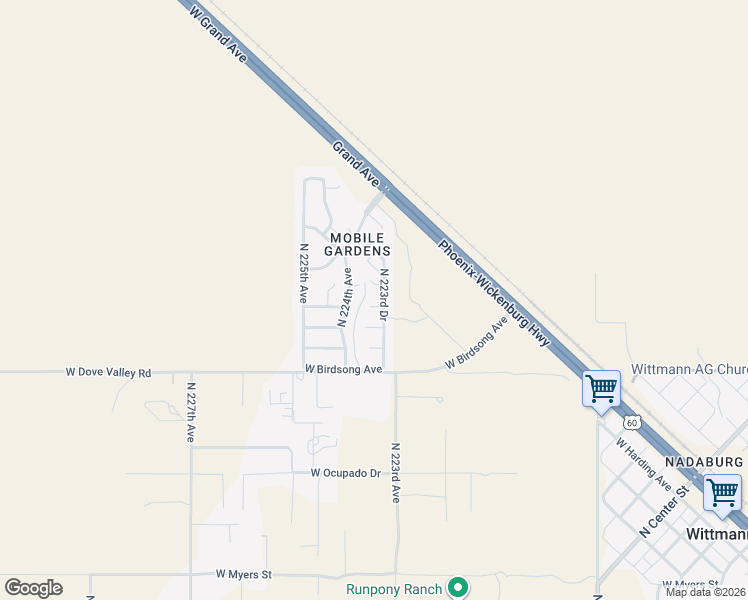 map of restaurants, bars, coffee shops, grocery stores, and more near 22326 West Mellow Street in Wittmann